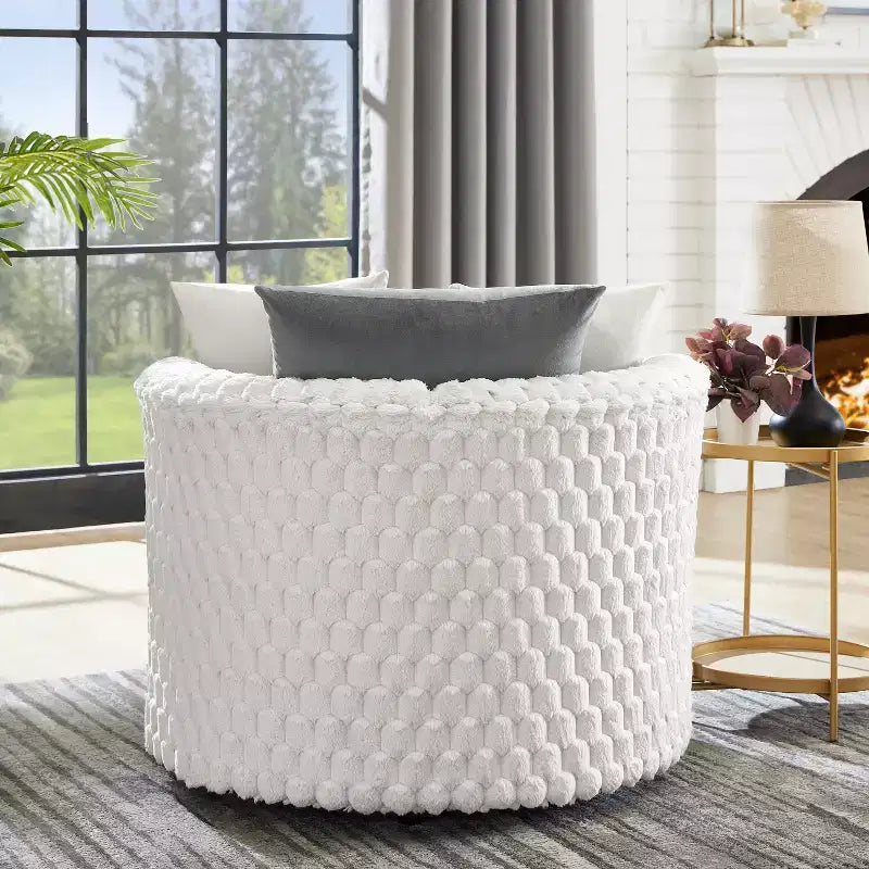 Fauteuil club 3D rembourré en peluche avec roulettes, blanc cassé