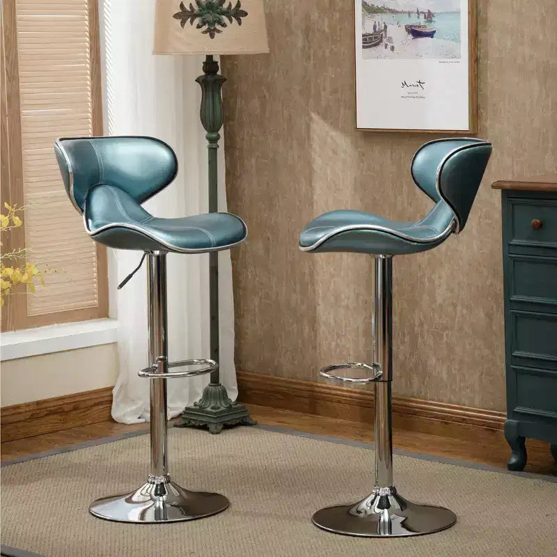 Tabouret de bar pivotant et réglable avec vérin à gaz, revêtement en similicuir rembourré et base chromée, bleu, lot de 2