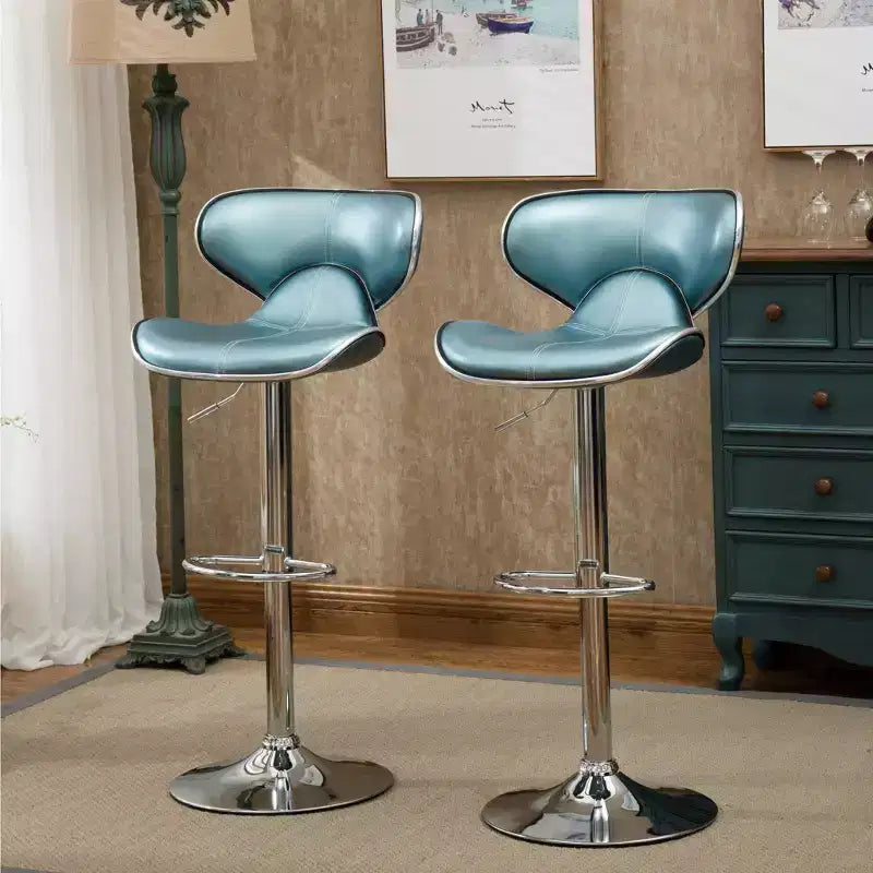 Tabouret de bar pivotant et réglable avec vérin à gaz, revêtement en similicuir rembourré et base chromée, bleu, lot de 2