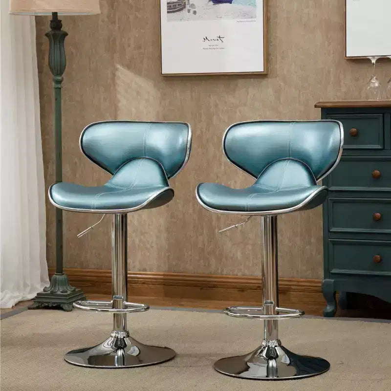Tabouret de bar pivotant et réglable avec vérin à gaz, revêtement en similicuir rembourré et base chromée, bleu, lot de 2