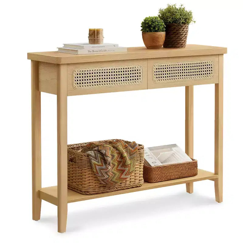 Console, Table d'appoint, Table d'entrée étroite, Table d'entrée avec 2 tiroirs, Étagère de rangement ouverte, Coins arrondis
