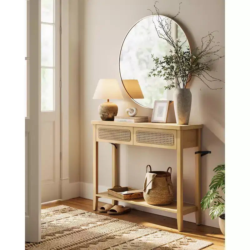 Console, Table d'appoint, Table d'entrée étroite, Table d'entrée avec 2 tiroirs, Étagère de rangement ouverte, Coins arrondis