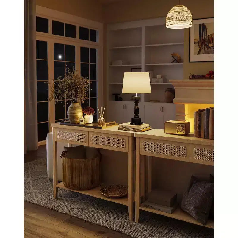 Console, Table d'appoint, Table d'entrée étroite, Table d'entrée avec 2 tiroirs, Étagère de rangement ouverte, Coins arrondis