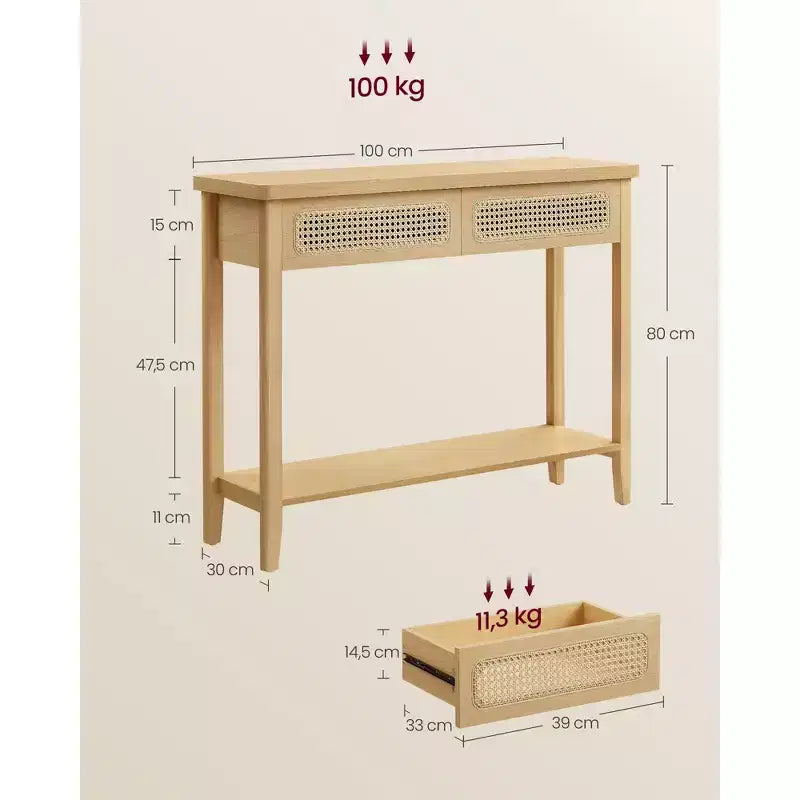 Console, Table d'appoint, Table d'entrée étroite, Table d'entrée avec 2 tiroirs, Étagère de rangement ouverte, Coins arrondis