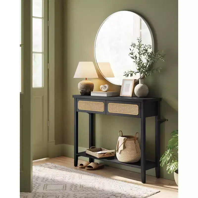 Console, Table d'appoint, Table d'entrée étroite, Table d'entrée avec 2 tiroirs, Étagère de rangement ouverte, Coins arrondis