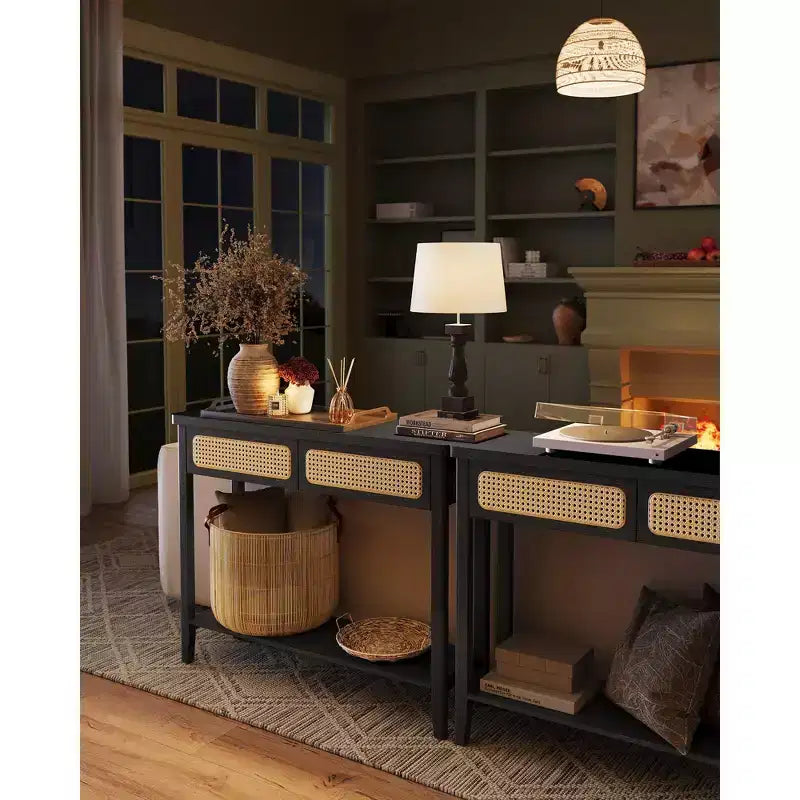 Console, Table d'appoint, Table d'entrée étroite, Table d'entrée avec 2 tiroirs, Étagère de rangement ouverte, Coins arrondis