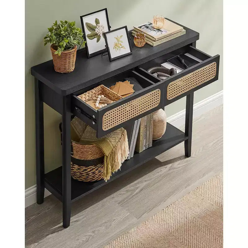 Console, Table d'appoint, Table d'entrée étroite, Table d'entrée avec 2 tiroirs, Étagère de rangement ouverte, Coins arrondis