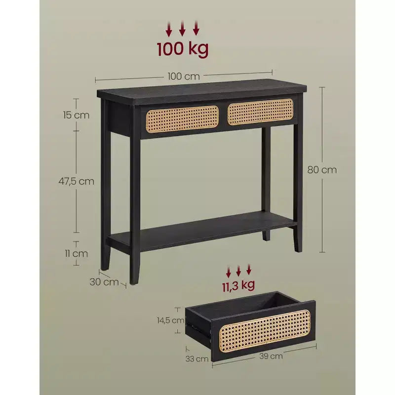 Console, Table d'appoint, Table d'entrée étroite, Table d'entrée avec 2 tiroirs, Étagère de rangement ouverte, Coins arrondis