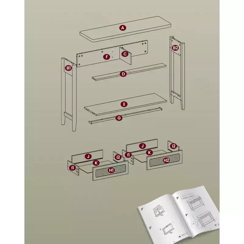 Console, Table d'appoint, Table d'entrée étroite, Table d'entrée avec 2 tiroirs, Étagère de rangement ouverte, Coins arrondis