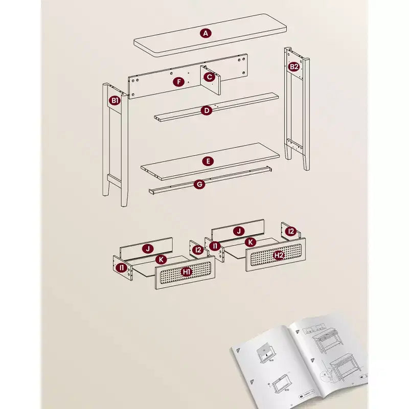Console, Table d'appoint, Table d'entrée étroite, Table d'entrée avec 2 tiroirs, Étagère de rangement ouverte, Coins arrondis