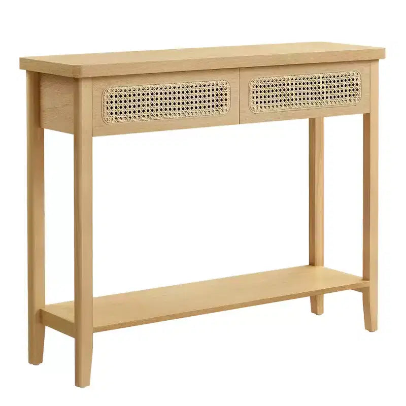 Console, Table d'appoint, Table d'entrée étroite, Table d'entrée avec 2 tiroirs, Étagère de rangement ouverte, Coins arrondis