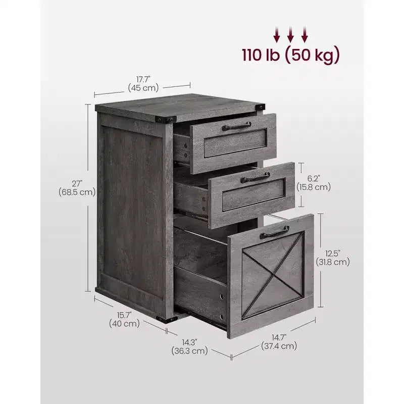 Meuble Classeur à 3 Tiroirs, Classeur de Rangement, Support d'Imprimante, Compatible A4, Format Lettre, Dossiers Suspendus, Style Ferme Moderne, pour Bureau à Domicile