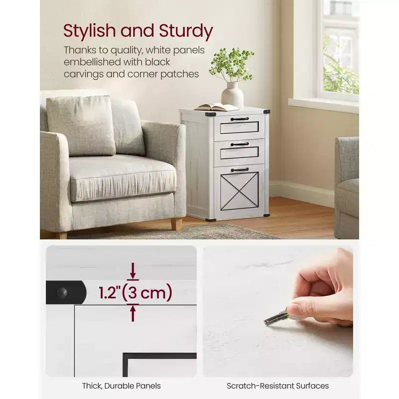 Meuble Classeur à 3 Tiroirs, Classeur de Rangement, Support d'Imprimante, Compatible A4, Format Lettre, Dossiers Suspendus, Style Ferme Moderne, pour Bureau à Domicile