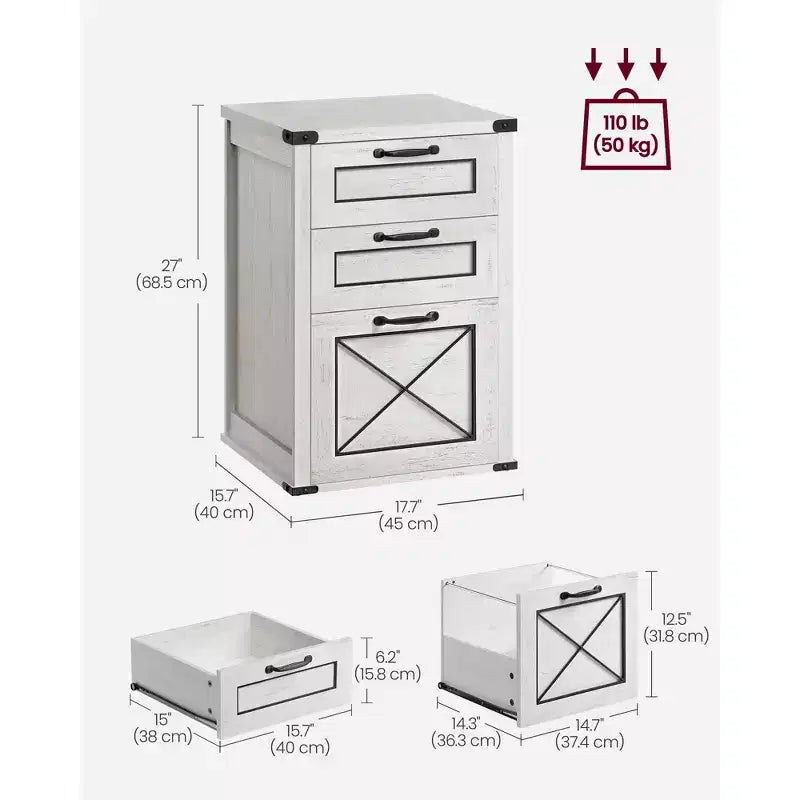 Meuble Classeur à 3 Tiroirs, Classeur de Rangement, Support d'Imprimante, Compatible A4, Format Lettre, Dossiers Suspendus, Style Ferme Moderne, pour Bureau à Domicile