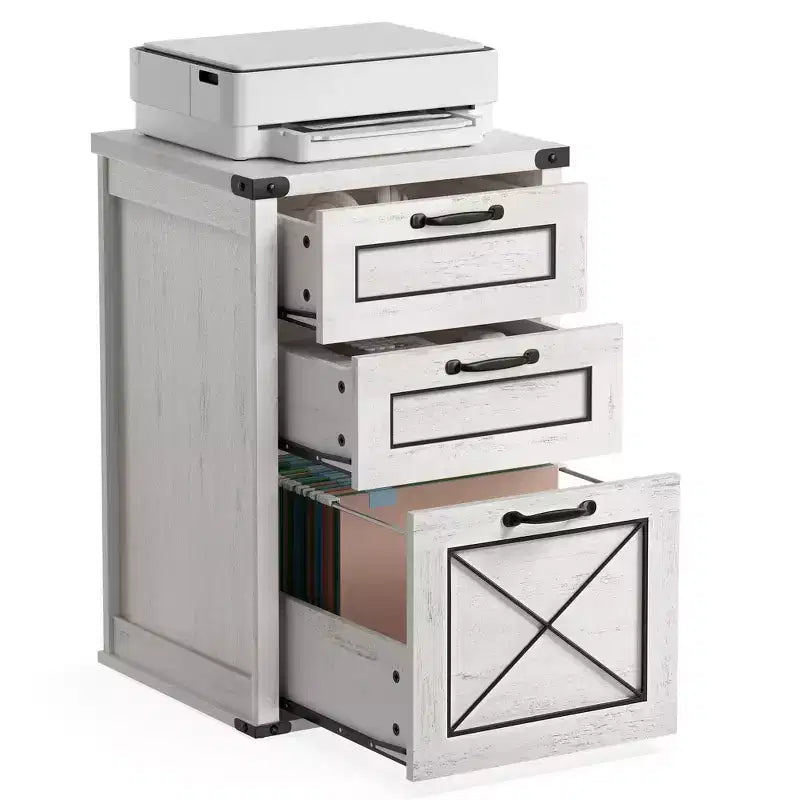 Meuble Classeur à 3 Tiroirs, Classeur de Rangement, Support d'Imprimante, Compatible A4, Format Lettre, Dossiers Suspendus, Style Ferme Moderne, pour Bureau à Domicile