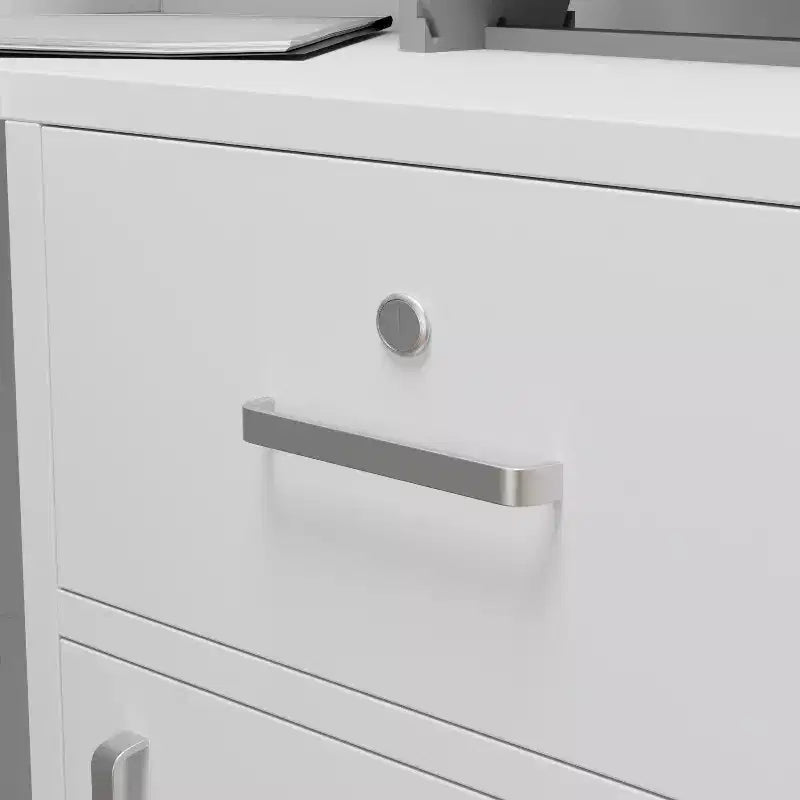 Comptoir d'accueil moderne en L avec étagères amovibles, rangement verrouillable et gestion des câbles