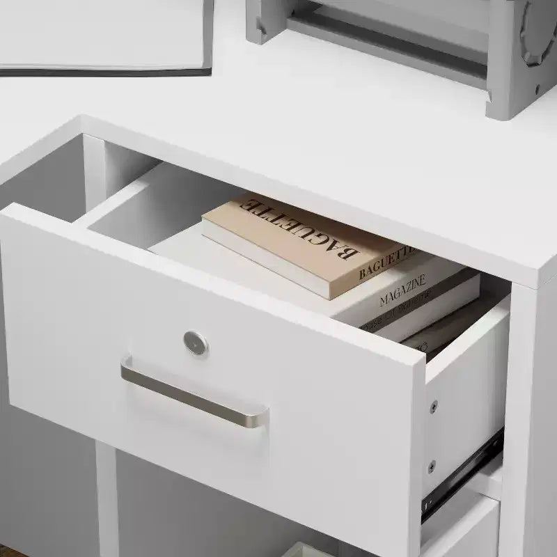 Comptoir d'accueil moderne en L avec étagères amovibles, rangement verrouillable et gestion des câbles