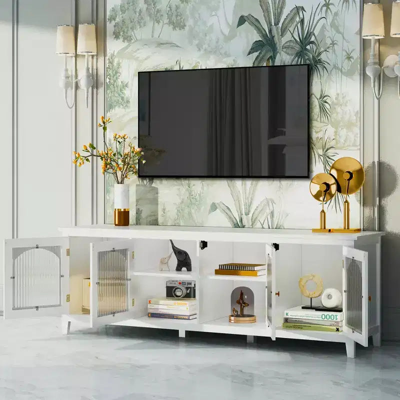 Meuble TV Home Cinéma 71 pouces Cadre en bois massif, portes en verre trempé, poignées en métal, finition blanc vieilli Idéal pour les enfants
