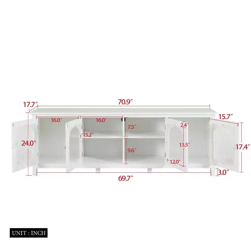 Meuble TV Home Cinéma 71 pouces Cadre en bois massif, portes en verre trempé, poignées en métal, finition blanc vieilli Idéal pour les enfants