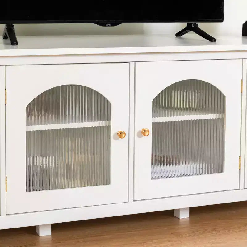 Meuble TV Home Cinéma 71 pouces Cadre en bois massif, portes en verre trempé, poignées en métal, finition blanc vieilli Idéal pour les enfants