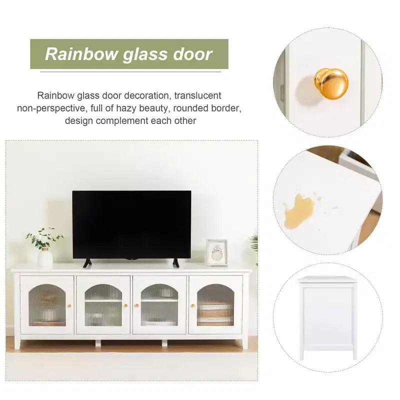 Meuble TV Home Cinéma 71 pouces Cadre en bois massif, portes en verre trempé, poignées en métal, finition blanc vieilli Idéal pour les enfants