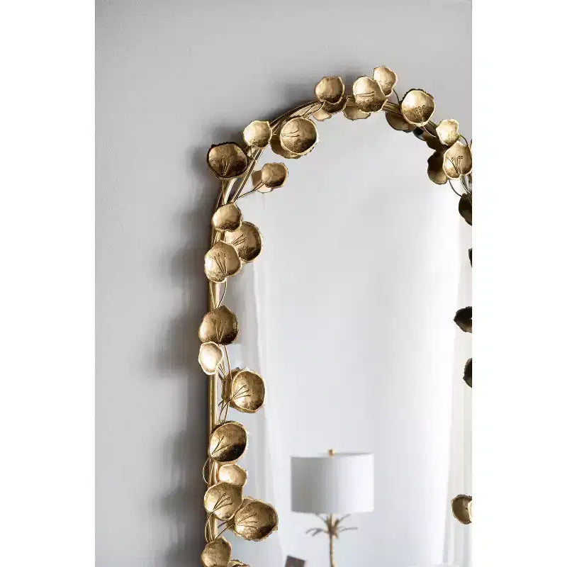 Miroir mural arqué pleine longueur de 51,5 x 29 pouces avec accents de feuilles dorées