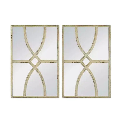 16 x 23 Inch Rectangular Wooden Wall Mirror with Distressed White Frame Set of 2