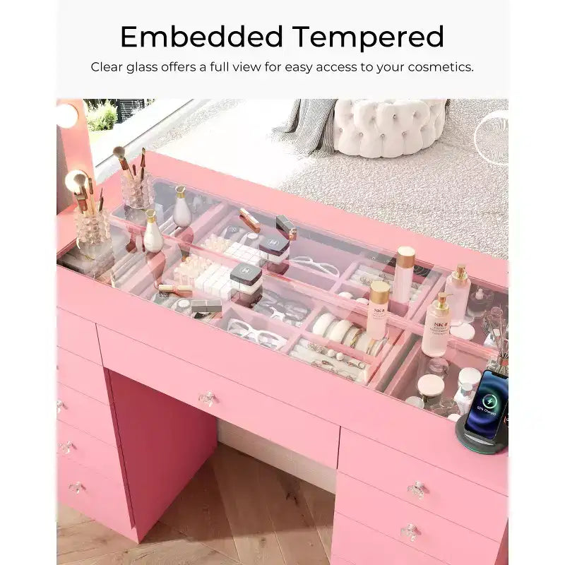 Coiffeuse avec plateau en verre, coiffeuse 11 tiroirs avec miroir et 12 lumières LED, bureau coiffeuse avec 3 modes d'éclairage et luminosité réglable
