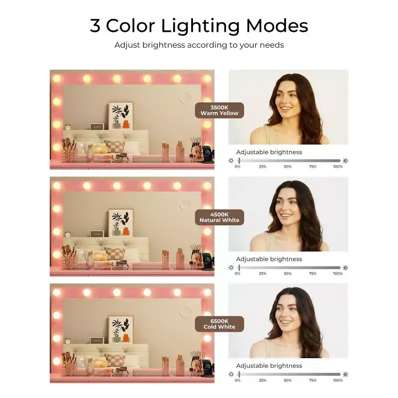 Coiffeuse avec plateau en verre, coiffeuse 11 tiroirs avec miroir et 12 lumières LED, bureau coiffeuse avec 3 modes d'éclairage et luminosité réglable