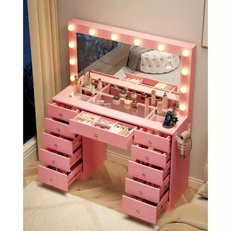 Coiffeuse avec plateau en verre, coiffeuse 11 tiroirs avec miroir et 12 lumières LED, bureau coiffeuse avec 3 modes d'éclairage et luminosité réglable