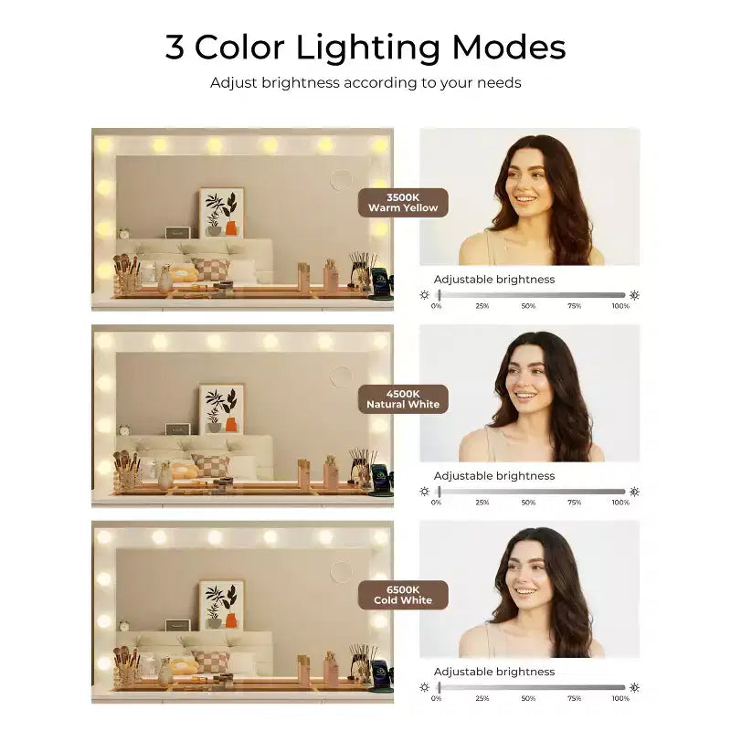 Coiffeuse avec plateau en verre, coiffeuse 11 tiroirs avec miroir et 12 lumières LED, bureau coiffeuse avec 3 modes d'éclairage et luminosité réglable