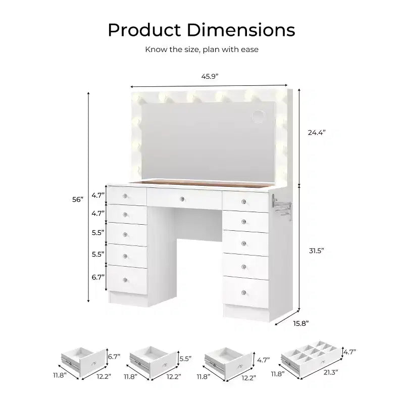 Coiffeuse avec plateau en verre, coiffeuse 11 tiroirs avec miroir et 12 lumières LED, bureau coiffeuse avec 3 modes d'éclairage et luminosité réglable