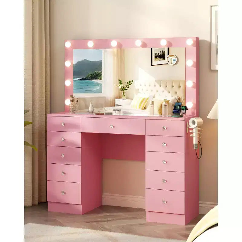 Coiffeuse avec plateau en verre, coiffeuse 11 tiroirs avec miroir et 12 lumières LED, bureau coiffeuse avec 3 modes d'éclairage et luminosité réglable