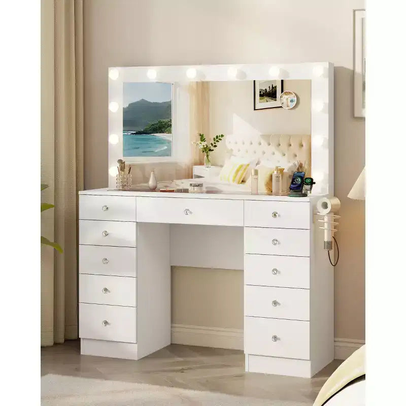 Coiffeuse avec plateau en verre, coiffeuse 11 tiroirs avec miroir et 12 lumières LED, bureau coiffeuse avec 3 modes d'éclairage et luminosité réglable