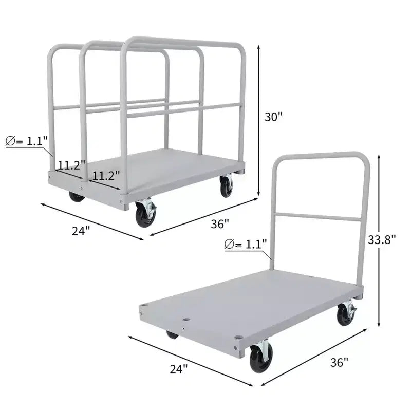 Chariot de transport à panneaux en acier 2-en-1 robuste avec plateforme de 91x61 cm - Cadre en acier de 1000 kg, panneaux/plateau à conversion rapide, roulettes pivotantes à 360° avec frein