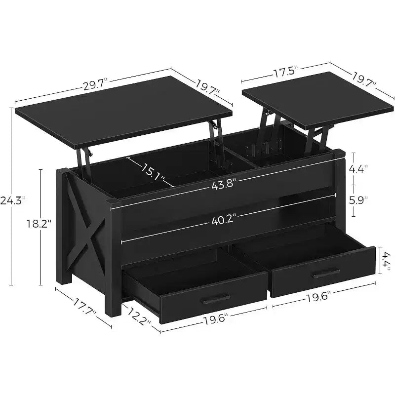 Table basse relevable séparée avec 2 tiroirs, table basse de salon de style ferme moderne de 120 cm, deux plateaux relevables et compartiment de rangement caché pour le salon