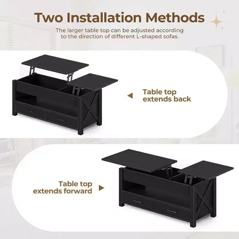 Table basse relevable séparée avec 2 tiroirs, table basse de salon de style ferme moderne de 120 cm, deux plateaux relevables et compartiment de rangement caché pour le salon