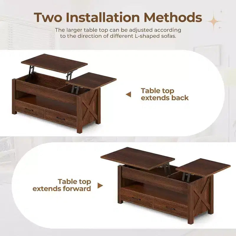 Table basse relevable séparée avec 2 tiroirs, table basse de salon de style ferme moderne de 120 cm, deux plateaux relevables et compartiment de rangement caché pour le salon