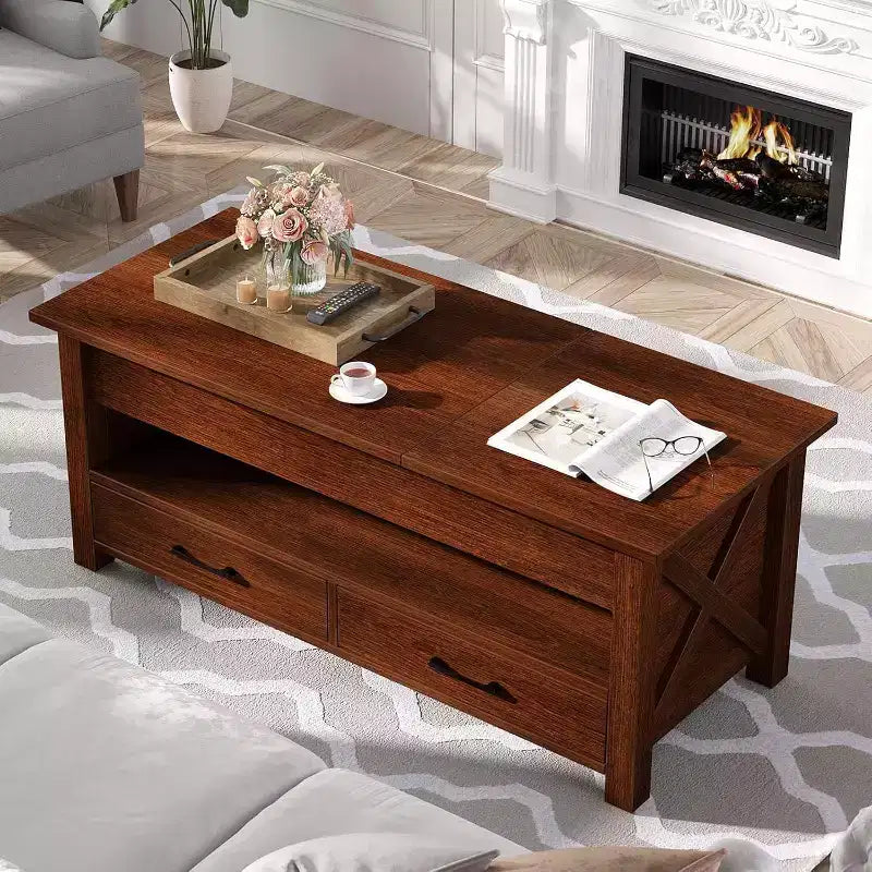Table basse relevable séparée avec 2 tiroirs, table basse de salon de style ferme moderne de 120 cm, deux plateaux relevables et compartiment de rangement caché pour le salon