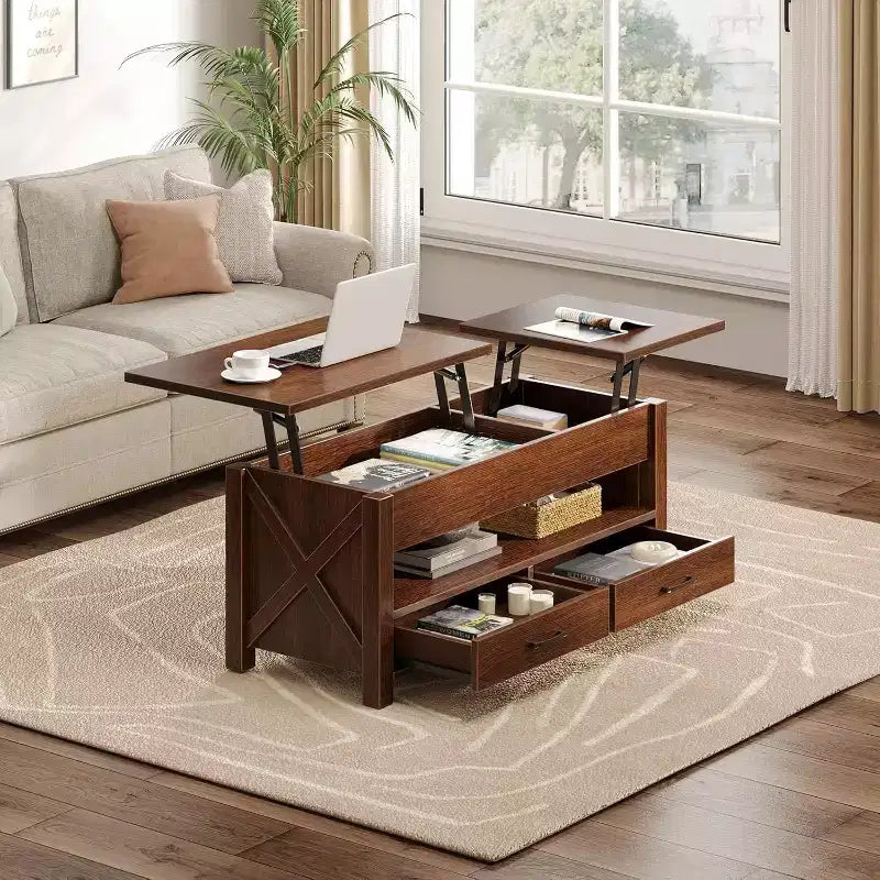 Table basse relevable séparée avec 2 tiroirs, table basse de salon de style ferme moderne de 120 cm, deux plateaux relevables et compartiment de rangement caché pour le salon