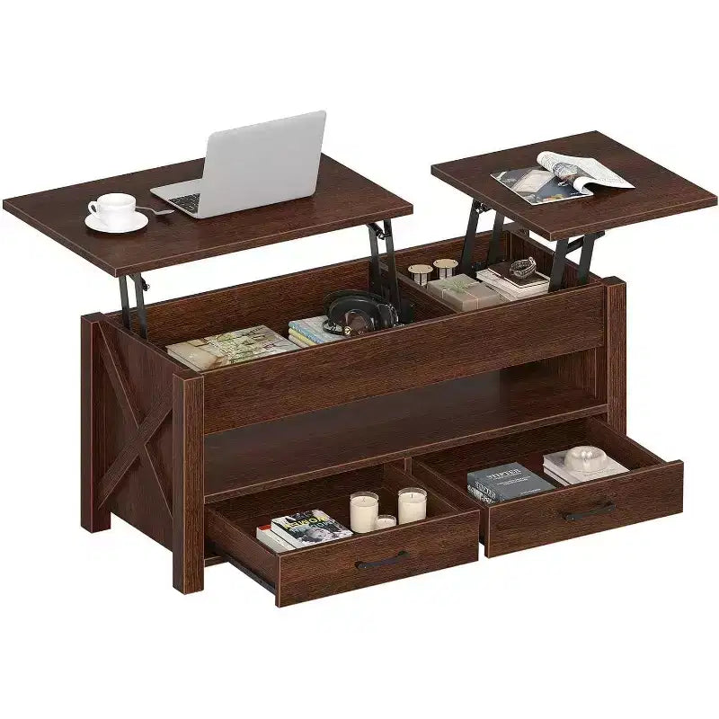 Table basse relevable séparée avec 2 tiroirs, table basse de salon de style ferme moderne de 120 cm, deux plateaux relevables et compartiment de rangement caché pour le salon