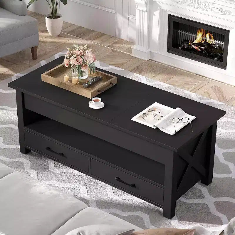 Split Lift Top Coffee Table with 2 Drawers, 47'' Modern Farmhouse Center Table, Dual Rising Tabletops & Hidden Storage Compartment for Living Room