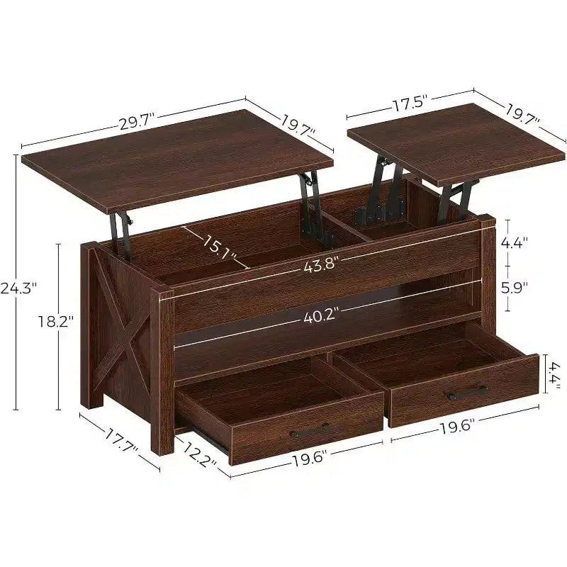 Table basse relevable séparée avec 2 tiroirs, table basse de salon de style ferme moderne de 120 cm, deux plateaux relevables et compartiment de rangement caché pour le salon