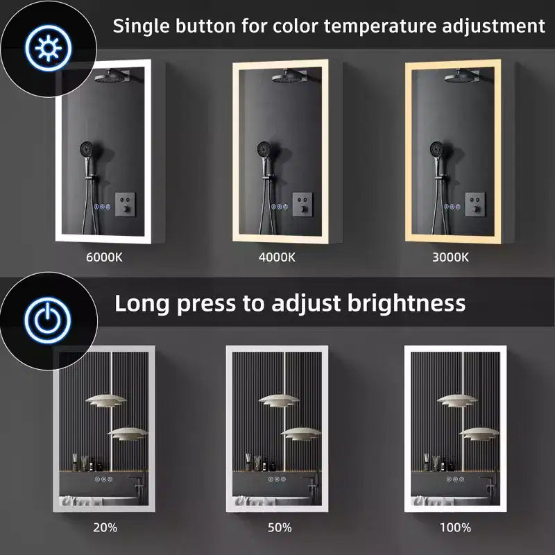 Armoire à pharmacie moderne en métal avec miroir, éclairage LED et 3 températures de couleur (16 pouces)