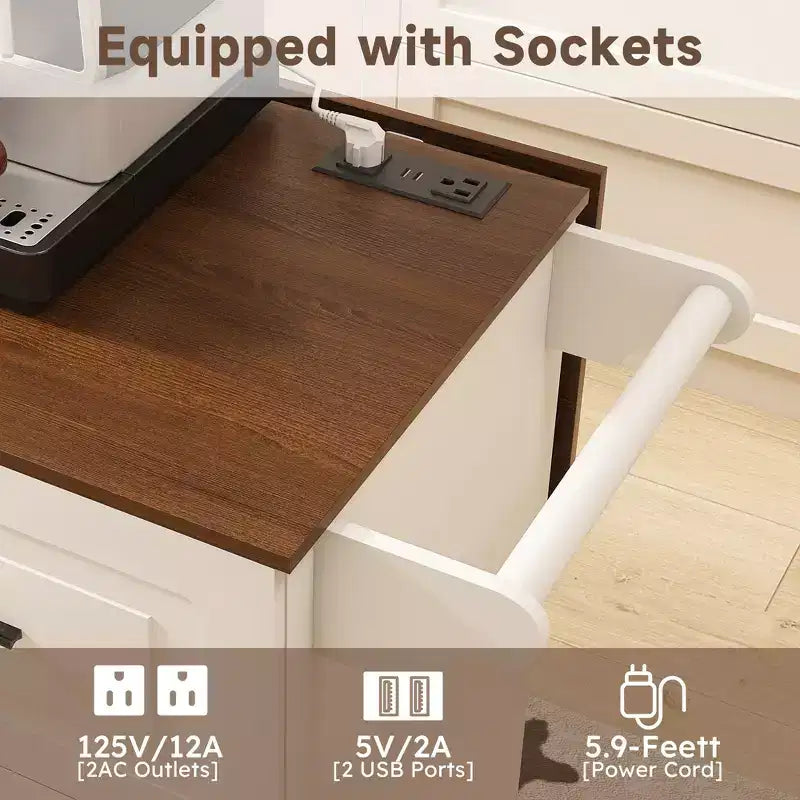 Îlot de cuisine en bois massif blanc de 137 cm avec plateau pliable, prises de courant/ports USB, rangements de porte et tiroirs