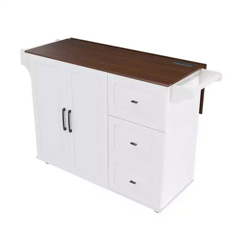 Îlot de cuisine en bois massif blanc de 137 cm avec plateau pliable, prises de courant/ports USB, rangements de porte et tiroirs