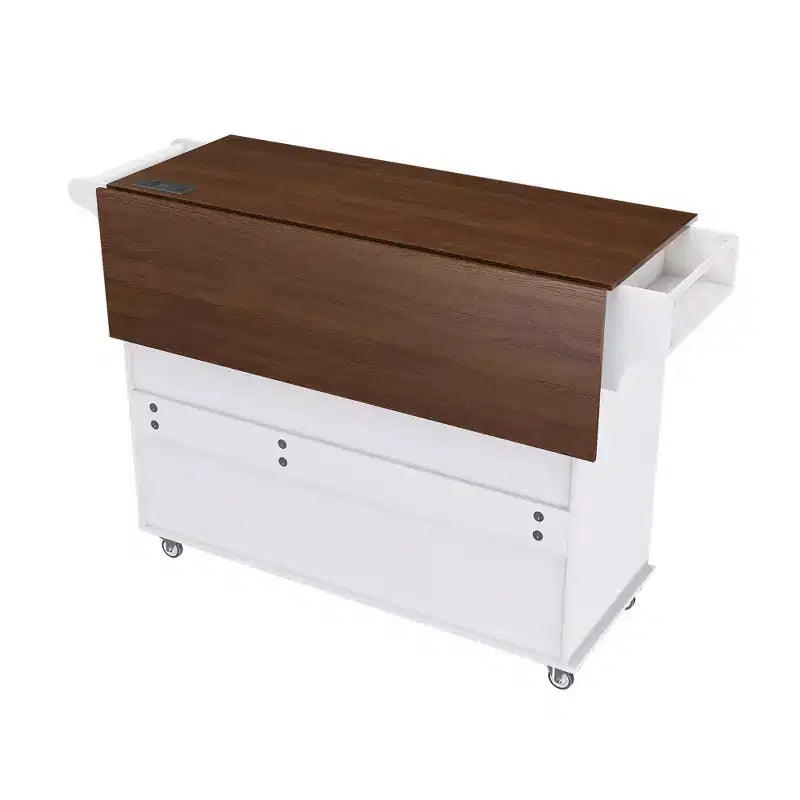Îlot de cuisine en bois massif blanc de 137 cm avec plateau pliable, prises de courant/ports USB, rangements de porte et tiroirs