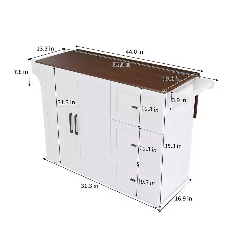 Îlot de cuisine en bois massif blanc de 137 cm avec plateau pliable, prises de courant/ports USB, rangements de porte et tiroirs