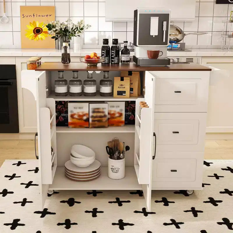 Îlot de cuisine en bois massif blanc de 137 cm avec plateau pliable, prises de courant/ports USB, rangements de porte et tiroirs