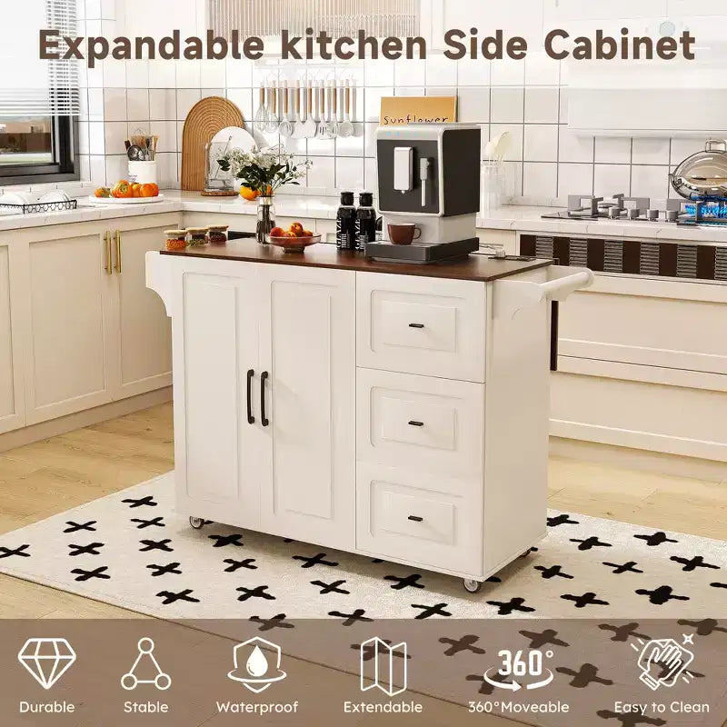 Îlot de cuisine en bois massif blanc de 137 cm avec plateau pliable, prises de courant/ports USB, rangements de porte et tiroirs